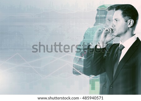 Side view of businessman using cellphone on abstract background with business chart. Financial growth concept. Double exposure.