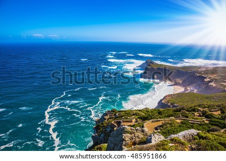 Cape of Good Hope in the Atlantic Ocean. Cape on the Cape Peninsula south of Cape Town, South Africa. The most extreme south-western point of Africa Royalty-Free Stock Photo #485951866
