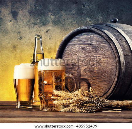 Still life with glasses of beer and barrel tinted in yellow blue
