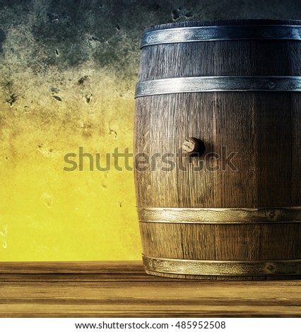 Wooden barrel on the table toned yellow and blue