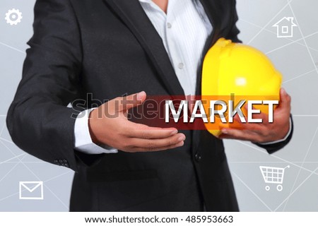 Text the Market on the hands of the businessman, Business concept.