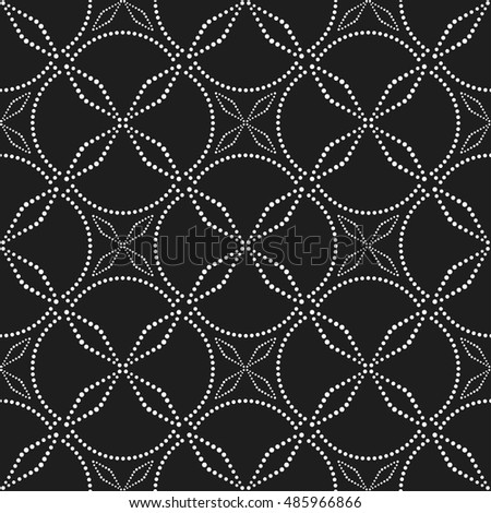 Tiled seamless geometric pattern of dotted petals. Arabic motif. Beads. Abstract black and white mosaic background. Vector illustration. Royalty-Free Stock Photo #485966866