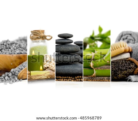 Photo of abstract mix stripes lava stones, candles and salt; green and gray colors; spa and wellness concept; white space for text