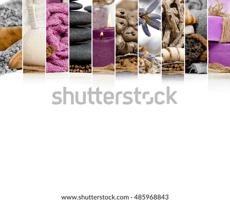 Photo of purple and gray abstract mix stripes with towels, lava stones, candles, salt and lavender; spa and wellness concept; white space for text