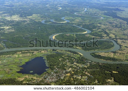 a air view over the landscape of the Provinz of Ubon Rachathani in the Region of Isan in Northeast Thailand in Thailand.
