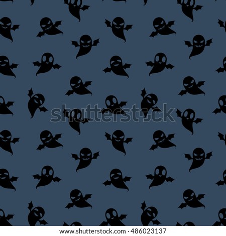 Halloween adorable seamless background. Endless pattern with black ghosts on dark blue background. Different facial expressions vector illustration.