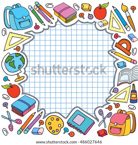 banner cell sheet in cage with pupil set of different school things back to school apple vector illustration