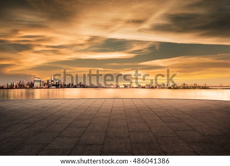 cityscape and skyline of downtown in sunset day on view from empty floor background