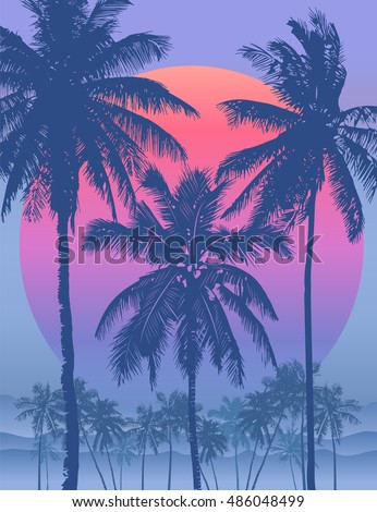 Tropical sunrise with pink gradient sun and silhouette of palm trees and mountains in the background of blue sky