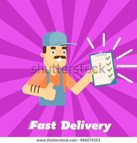 Smiling delivery man in uniform with clipboard isolated on striped perpl background.