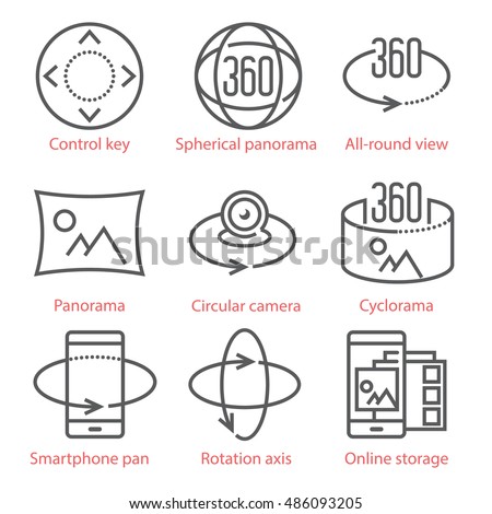 Vector thin line icons set with 360 Degree View and, Panorama tools and applications. For infographics and UX UI mobile kit. Royalty-Free Stock Photo #486093205