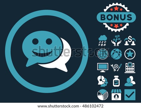 Happy Chat icon with bonus pictogram. Vector illustration style is flat iconic bicolor symbols, blue and white colors, dark blue background.