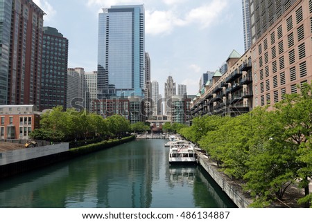 Chicago buildings view from bridge over canal