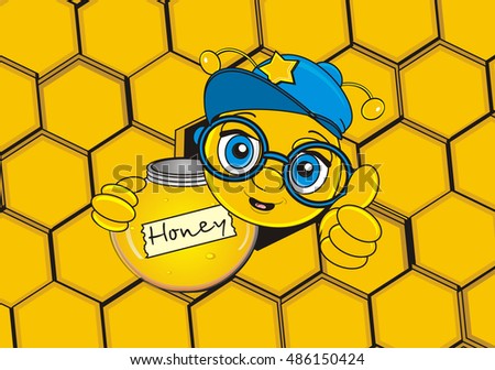 smiling face of bee peek up from cell and hold a bank of honey in his paws and show gesture class