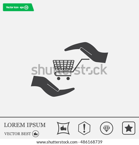 hands and shopping cart, sign purchase protection web icon. vect