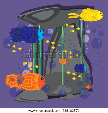 Fish under water. Ocean floor. Bubbles of air. Large and small fish.