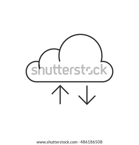 Cloud icon with arrows in thin outline style. Computing data storage file hosting