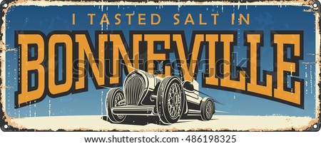 Vintage tin sign collection with USA cities. Bonneville. Utah speed race. Retro souvenirs or postcard templates on rust background.