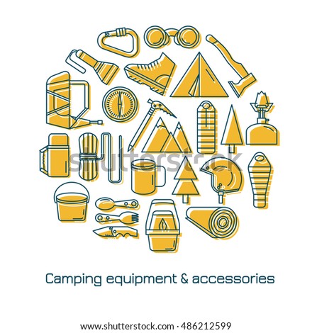 Vector illustration.The circular composition.Postcard with the image of tourism and mountaineering equipment.Mountain tourism.Mountaineering.Hiking.Line style.