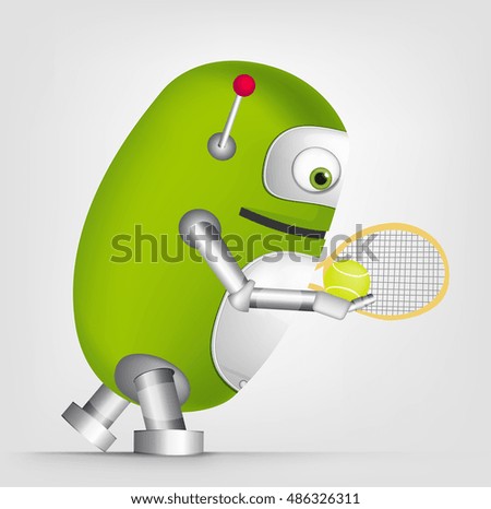 Cartoon Character Cute Robot Isolated on Grey Gradient Background. Tennis.