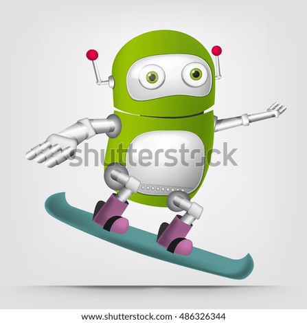 Cartoon Character Cute Robot Isolated on Grey Gradient Background. Snowboarding.