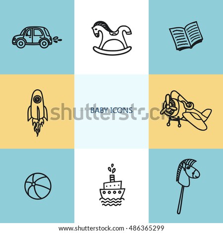 Set of baby icons in trendy linear style. Vector symbols of childhood. Modern set of line elements.