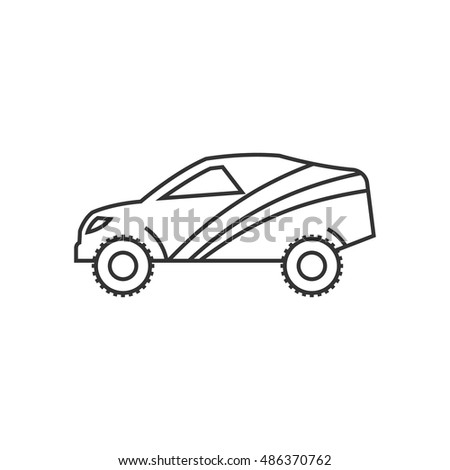 Rally car icon in thin outline style. Race championship competition fast track road