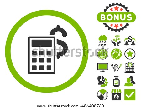 Business Calculator icon with bonus pictures. Vector illustration style is flat iconic bicolor symbols, eco green and gray colors, white background.
