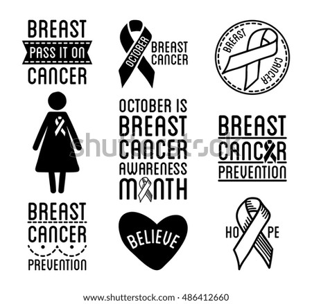 International Day of Breast Cancer Awareness. Set of vector ribbons and badges. Symbols of hope, charity and support. Black design elements. Vector illustration isolated on white background.