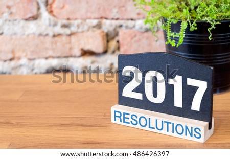 New year 2017 resolutions on blackboard sign and green plant on wood table at brick wall.