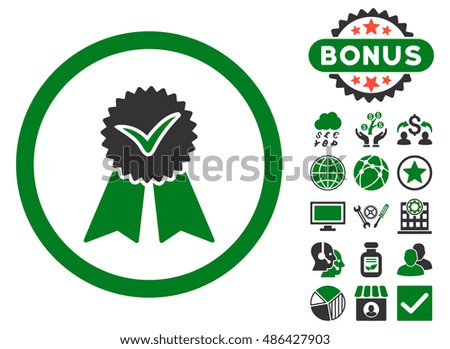Approvement Seal icon with bonus design elements. Vector illustration style is flat iconic bicolor symbols, green and gray colors, white background.