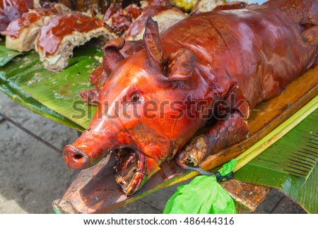 Roast pig head under sun picture. Fried meat and skin image. Barbecue pork on green table. Lechon or liempo - traditional dish of Philippines. Whole baked pig. Culinary photo from travel over Asia