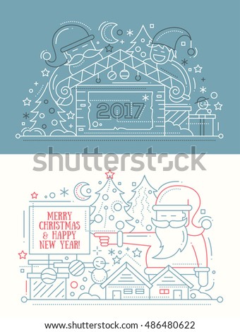 Merry Christmas and Happy New Year plain line design card with holidays symbols - Santa Claus, Christmas tree, house, snowman