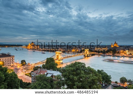  Budapest at the dusk, with the Chain Bridge and the Parliament. Hungary Royalty-Free Stock Photo #486485194