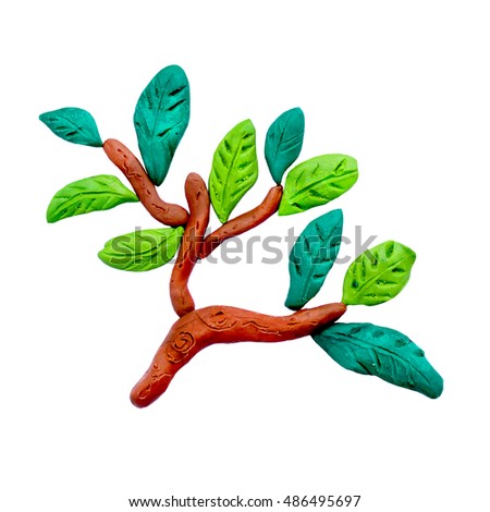 Plasticine  green tree branch sculpture isolated