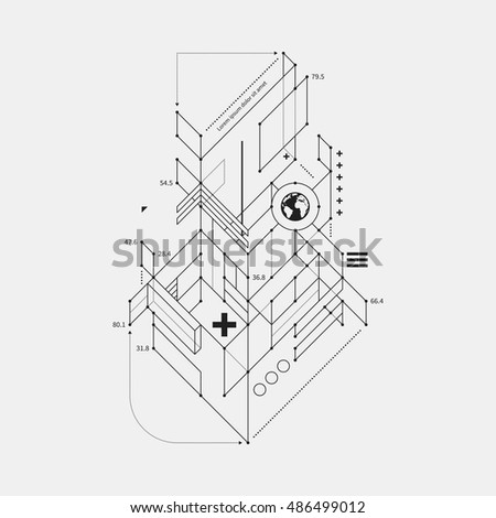 Abstract design element in draft style on white background. Useful for techno prints and posters.