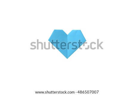 origami blue heart beautiful made by one paper without cutting and tearting on white background