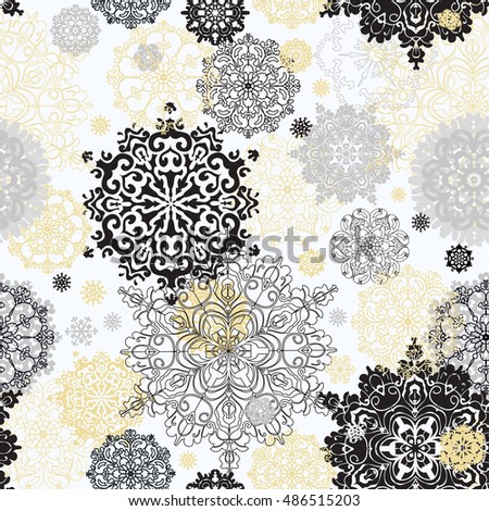 Seamless snowflake winter pattern with golden and black snowflake  on white background Vintage winter snowflake background. Vector snowflake illustration. Seamless snowflake background.
