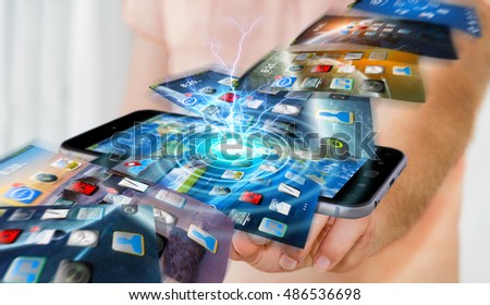 Businessman using modern mobile phone to switch interface background 3D rendering