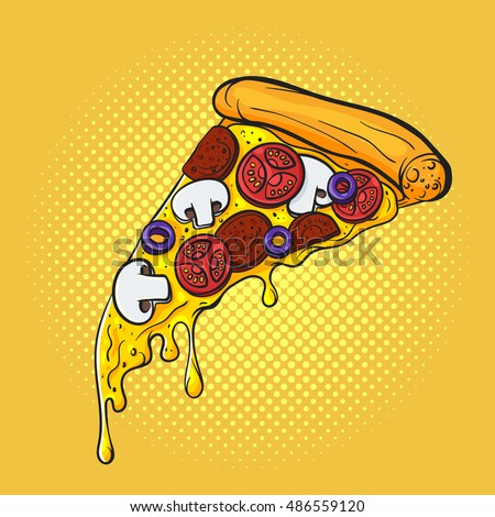 Vector hand drawn pop art illustration of pizza. Fast food. Retro style. Hand drawn sign. Illustration for print, web.