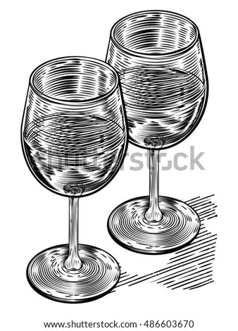 Original illustration of a pair of wine glasses in a vinatge woodblock style