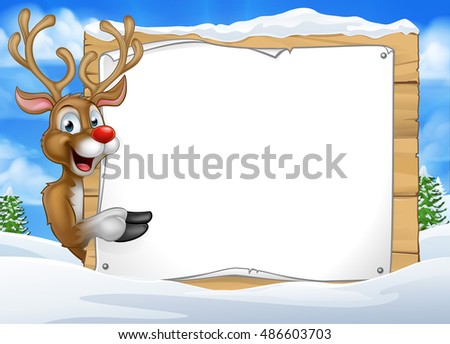 A happy Christmas Santas reindeer cartoon character in a winter scene peeking around pointing at a sign