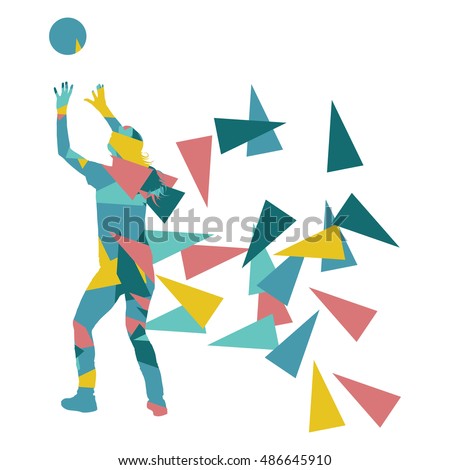 Volleyball player woman silhouette made of polygon fragments vector background concept isolated on white