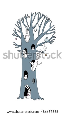 Magic Tree, rabbits, owl, dog and mouse. Winter landscape. Vector illustration.isolated objects on white background. quick sketch