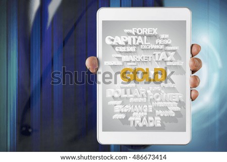 Businessman show screen about gold text