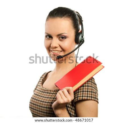 Secretary woman in headset with red book