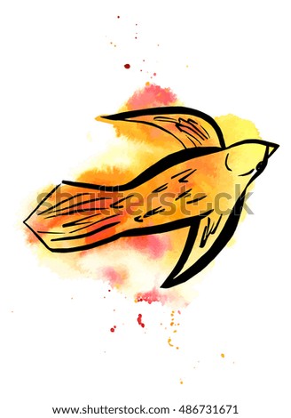 A freehand vector and watercolor drawing of a golden bird in flight, with splashes of paint, on white background