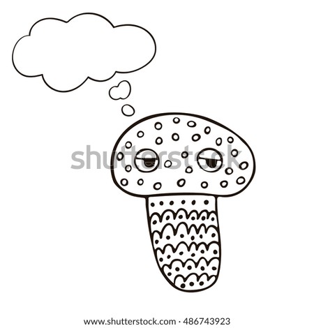 Freehand drawn cartoon mushroom with speech bubble. Funny character. 