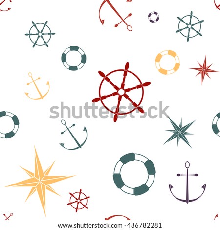 Seamless maritime pattern with anchors, stars, compasses, lifebuoys and wheels. Vector illustration