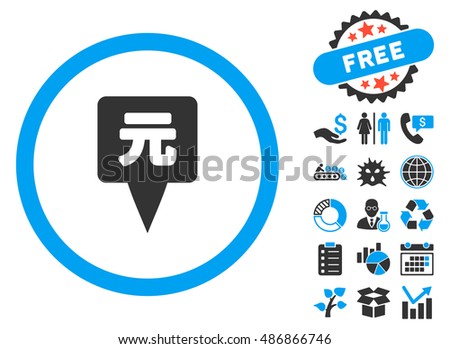 Yuan Map Pointer icon with bonus clip art. Vector illustration style is flat iconic bicolor symbols, blue and gray colors, white background.